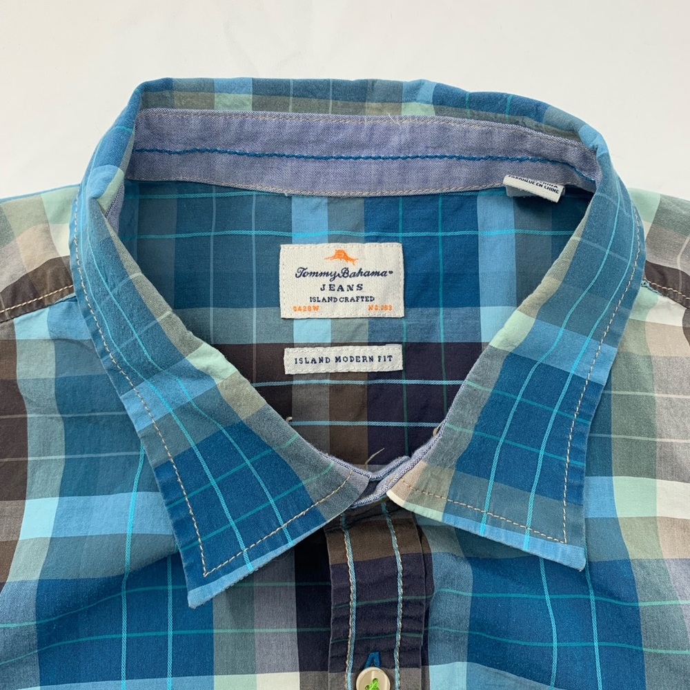 Tommy Bahama Blue and Brown Plaid Shirt XL - Picture 2 of 9